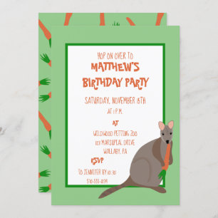 Invitación Wallaby verde y Naranja comiendo un cumpleaños est