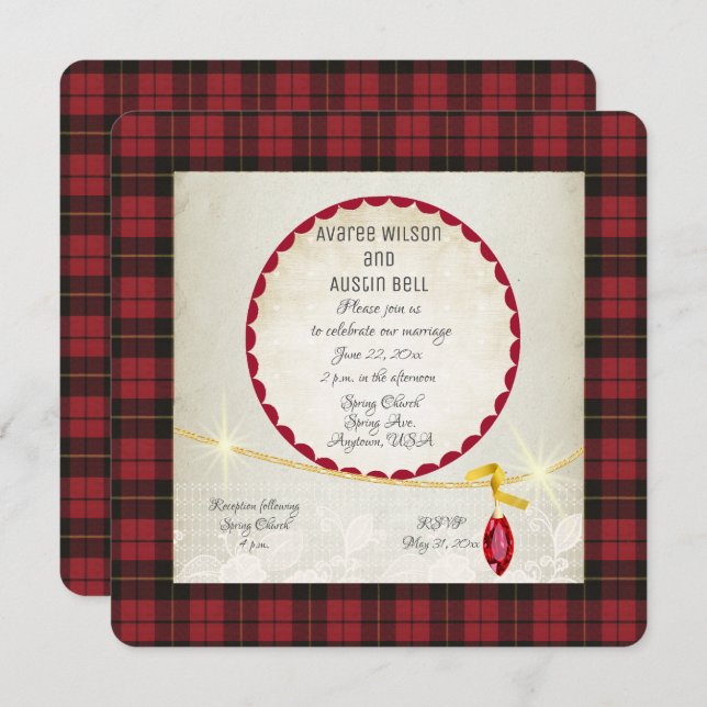 Invitación Wallace Red Tartan Garden Wedding (Anverso / Reverso)