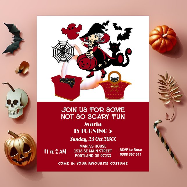 Invitación Wandering Witch Halloween Spider Niños Web Cumplea (Wandering Witch Halloween Spider Web Kids Birthday Invitation)