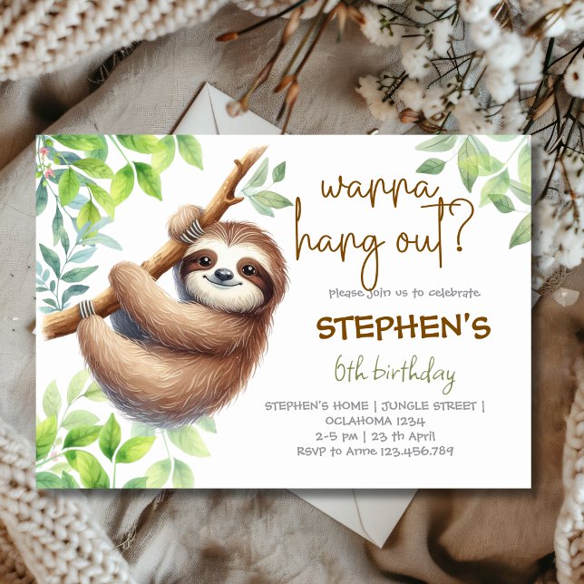 Invitación Wanna hang out? sloth kids birthday (Subido por el creador)