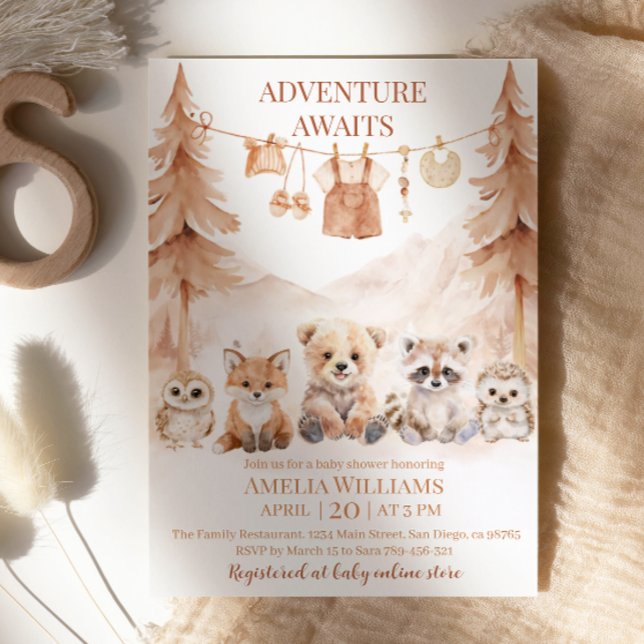 Invitación Warm Beige Adventure Awaits Woodland Baby Shower (Subido por el creador)