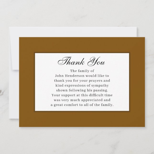 Invitación Warm Brown Simple Funeral Thank You Card (Anverso)
