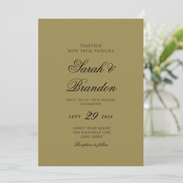 Invitación Warm Solid Color Olive green  Script Wedding (Subido por el creador)