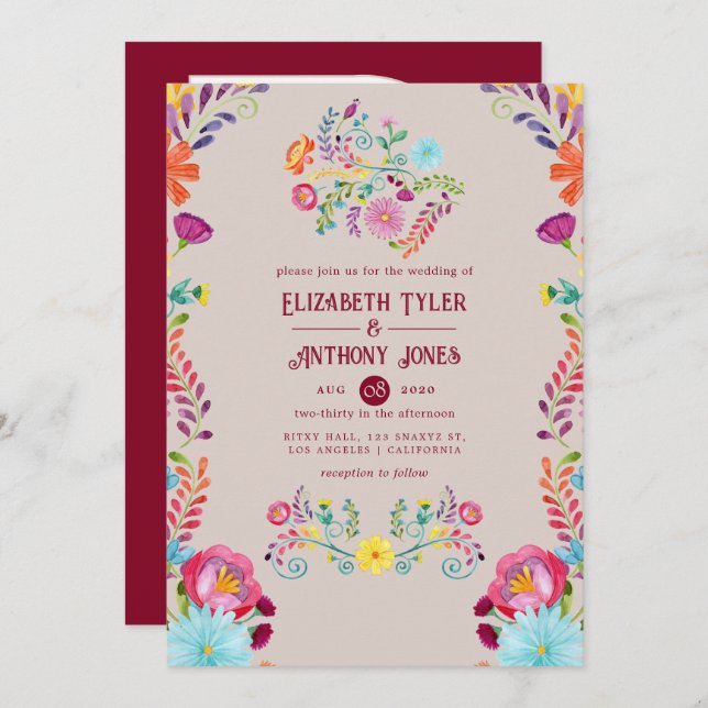 Invitación Warm Taupe/Burgundy Floral Mexican Fiesta Wedding (Anverso / Reverso)