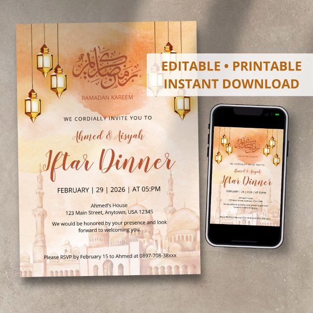 Invitación Warm Watercolor Mosque Iftar Party Invitation (Subido por el creador)
