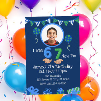 Invitación Was 6 Now 7, Blue Green Picture 7th Birthday