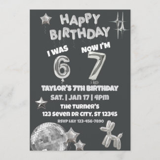 Invitación Was 6 Now 7, Silver Balloon 7th Birthday