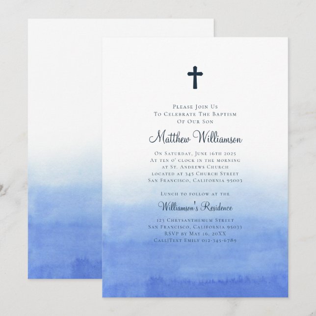 Invitación Wash Ombre Baptismal acuarela (Anverso / Reverso)