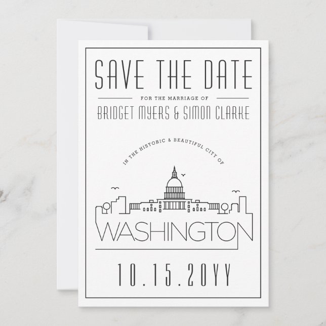 Invitación Washington DC | Estilizado Skyline Guardar la fech (Anverso)