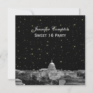 Invitación Washington DC Silueta Grabado Estrellado DIY SQ Du