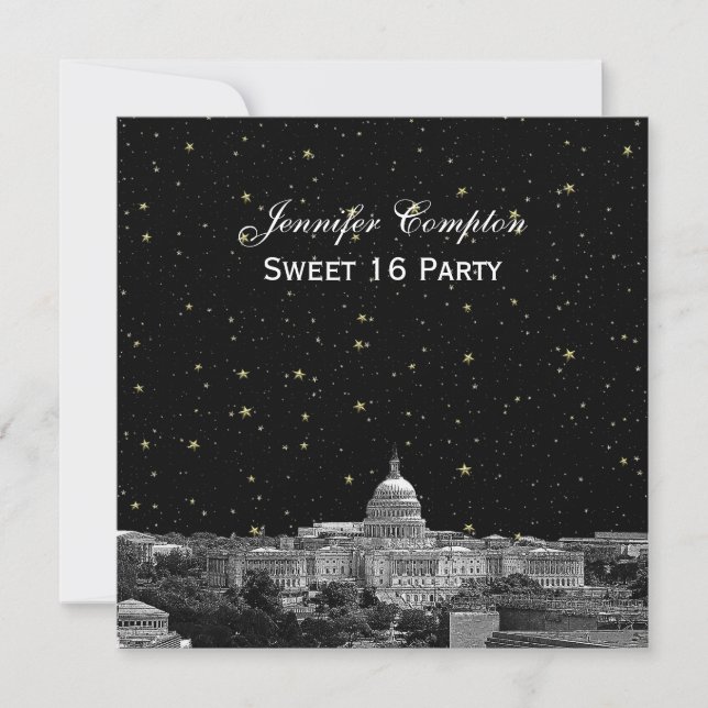 Invitación Washington DC Silueta Grabado Estrellado DIY SQ Du (Anverso)