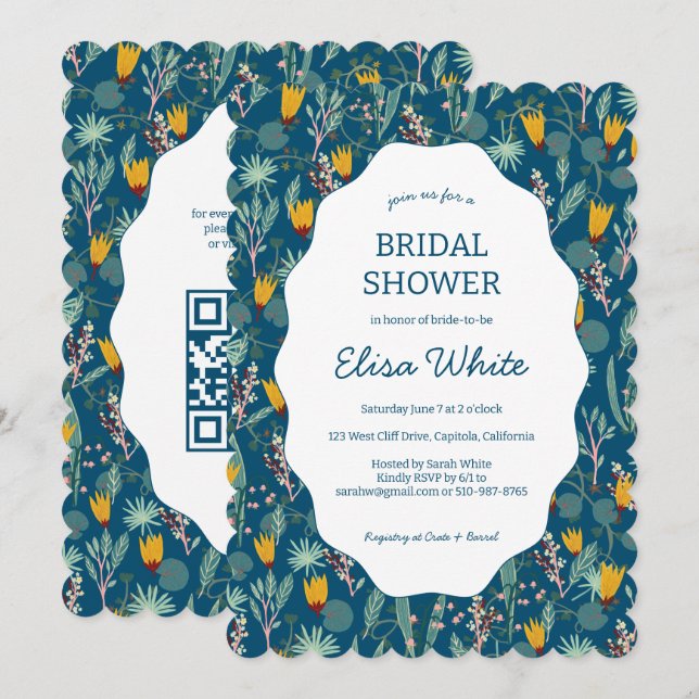 Invitación Water Garden Floral Bridal Shower Cute CUSTOM QR (Anverso / Reverso)