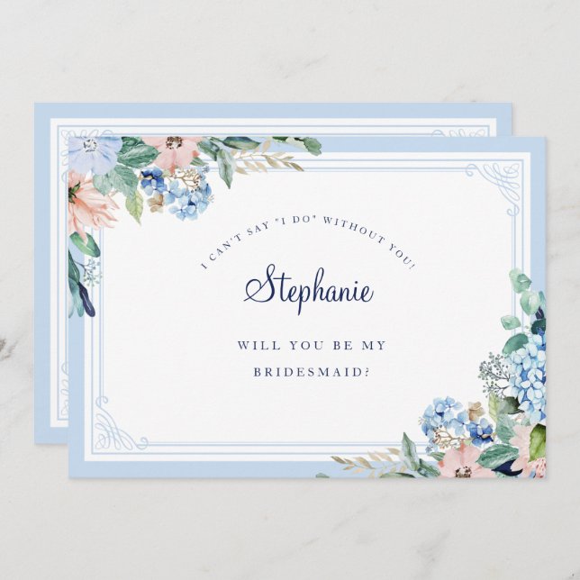 Invitación Watercol Floral Blue Pink Elegant Bridesmaid (Anverso / Reverso)