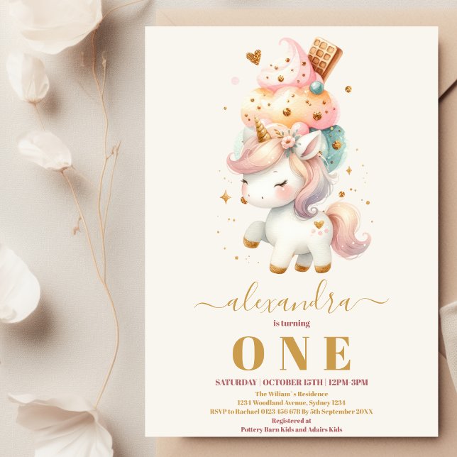 Invitación Watercolo Ice Cream Unicorn Primer cumpleaños Past (Subido por el creador)