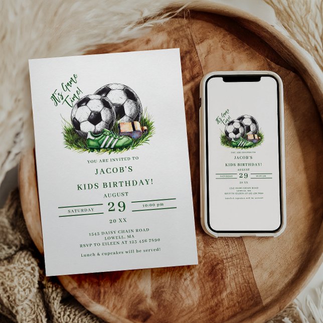 Invitación Watercolo para niños de fútbol verde de la marina (Subido por el creador)