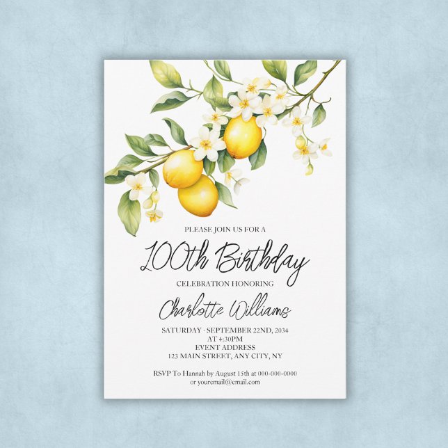 Invitación Watercolo Tema del limón 100 cumpleaños (Lemon Theme Watercolo 100th Birthday Party Invitation)