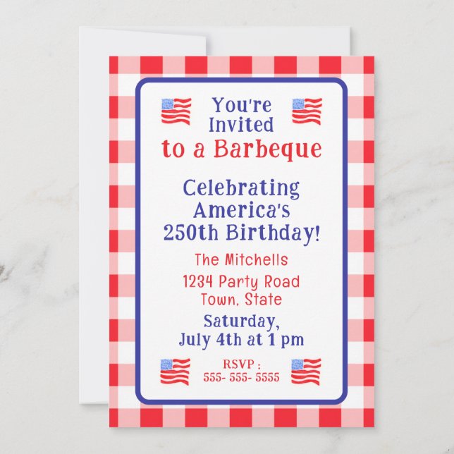Invitación Watercolor 250 Birthday USA Flag Red Check  (Reverso)