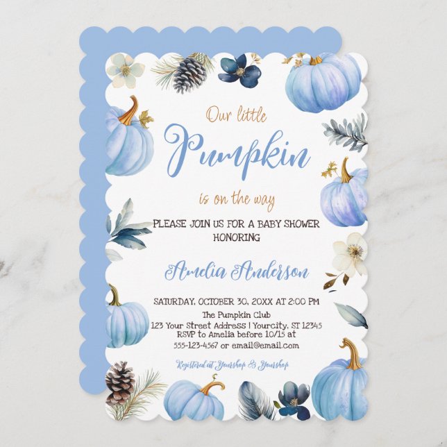 Invitación Watercolor A Little Pumpkin Fall Boy Baby Shower (Anverso / Reverso)