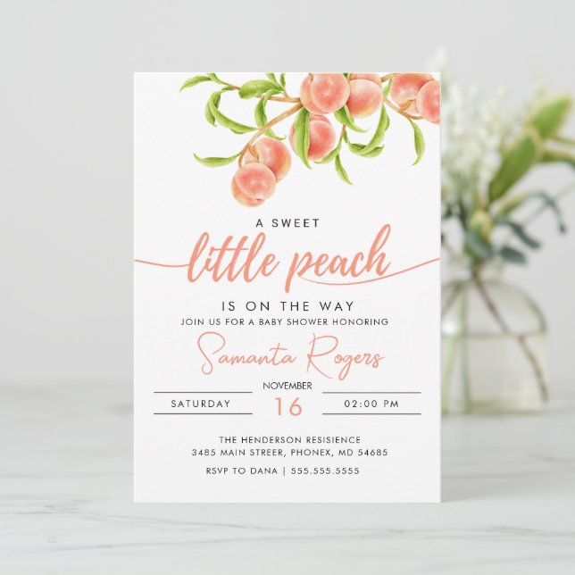 Invitación Watercolor A Sweet Little Peach Baby Shower (Anverso de pie)