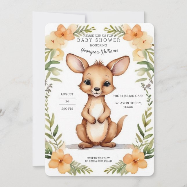 Invitación Watercolor Adorable Kangaroo Baby Shower (Anverso)