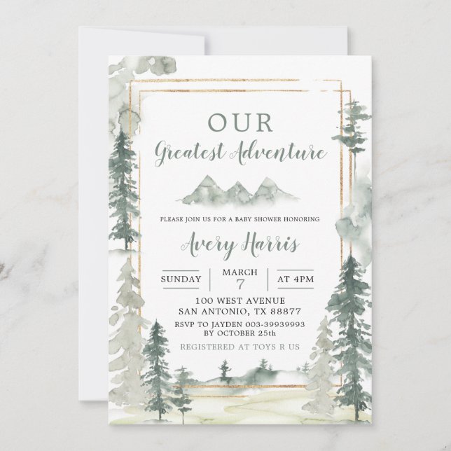 Invitación Watercolor Adventure Forest Pine Tree Baby Shower (Anverso)