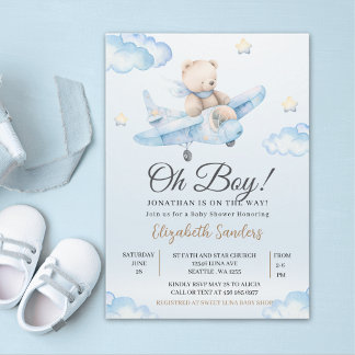 Invitación Watercolor Airplane Teddy Bear Baby Shower