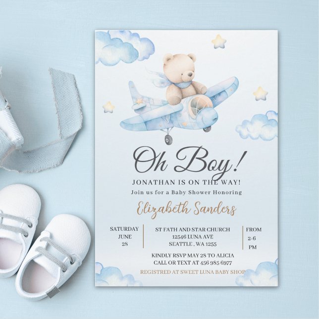 Invitación Watercolor Airplane Teddy Bear Baby Shower (Subido por el creador)