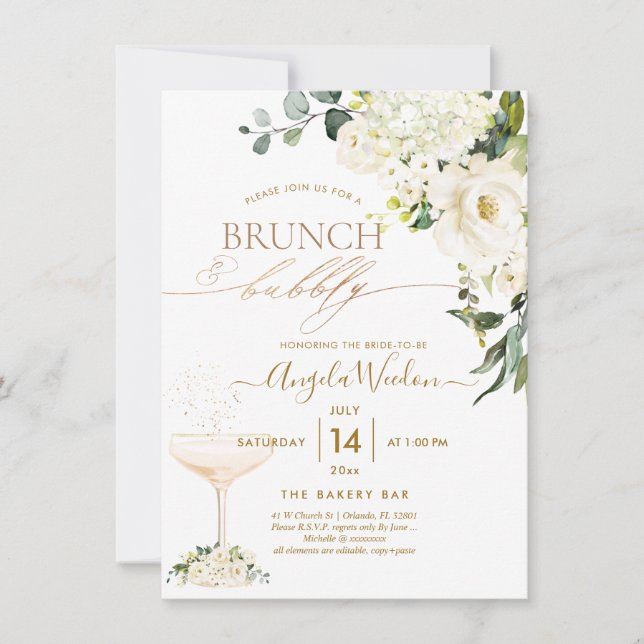 Invitación Watercolor Alabaster Rosas Brunch Bubbly (Anverso)