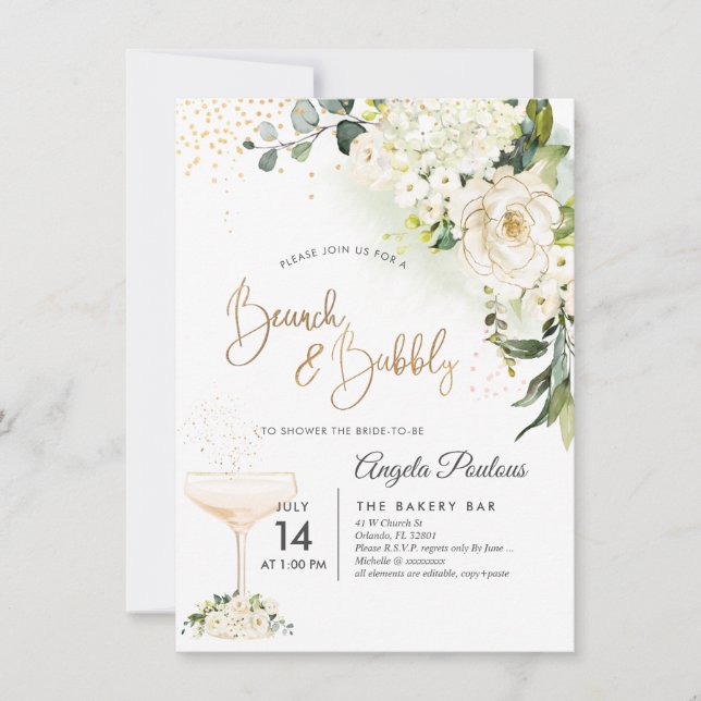 Invitación Watercolor Alabaster Rosas Brunch Bubbly (Anverso)
