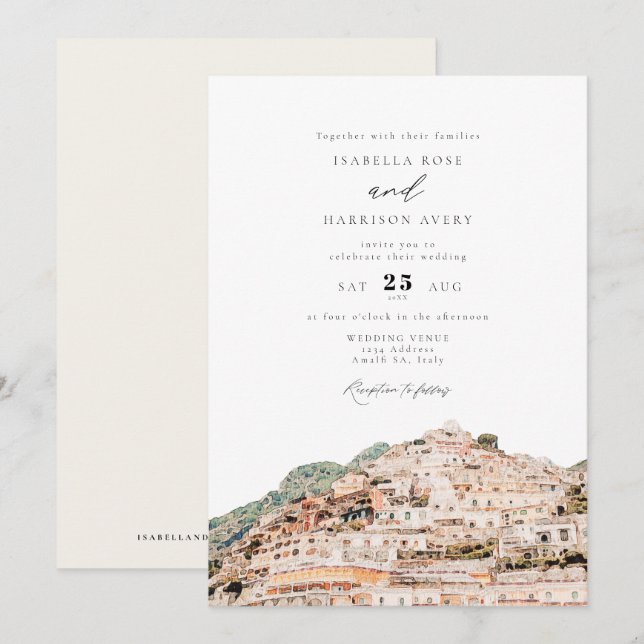 Invitación Watercolor Amalfi Coast Italia Skyline Boda (Anverso / Reverso)
