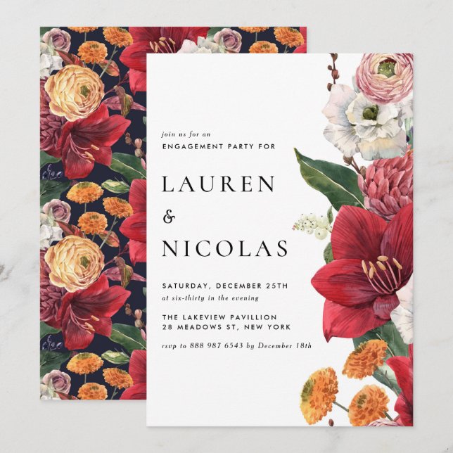 Invitación Watercolor Amaryllis Botanagement Party (Anverso / Reverso)