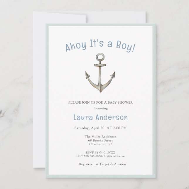 Invitación Watercolor Anchor Nautical Baby boy Baby shower  (Anverso)