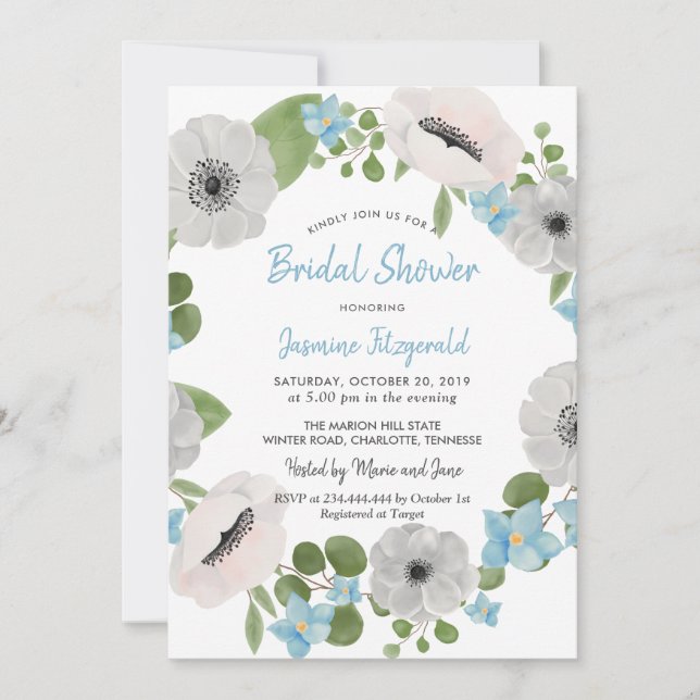 Invitación Watercolor Anemones Floral Wreath | Ducha de novia (Anverso)