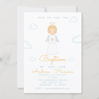 Invitación Watercolor Angel Religioso Bautismo Azul