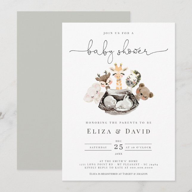 Invitación Watercolor Animals Faux Modern Gold Baby Shower (Anverso / Reverso)
