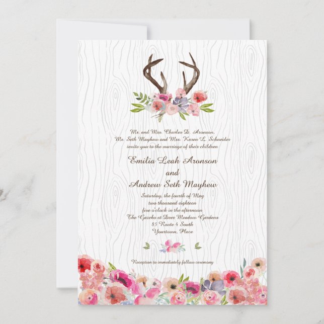 Invitación Watercolor Antlers Wildflowers Faux Bois Boda (Anverso)
