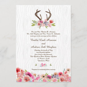 Invitación Watercolor Antlers Wildflowers Faux Bois Boda