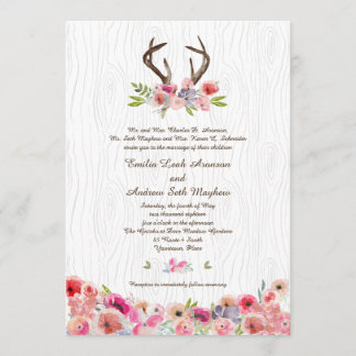 Invitación Watercolor Antlers Wildflowers Faux Bois Boda