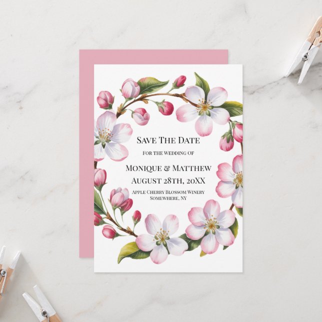 Invitación Watercolor Apple Cherry Blossom Save the Date (Anverso/Reverso In Situ)