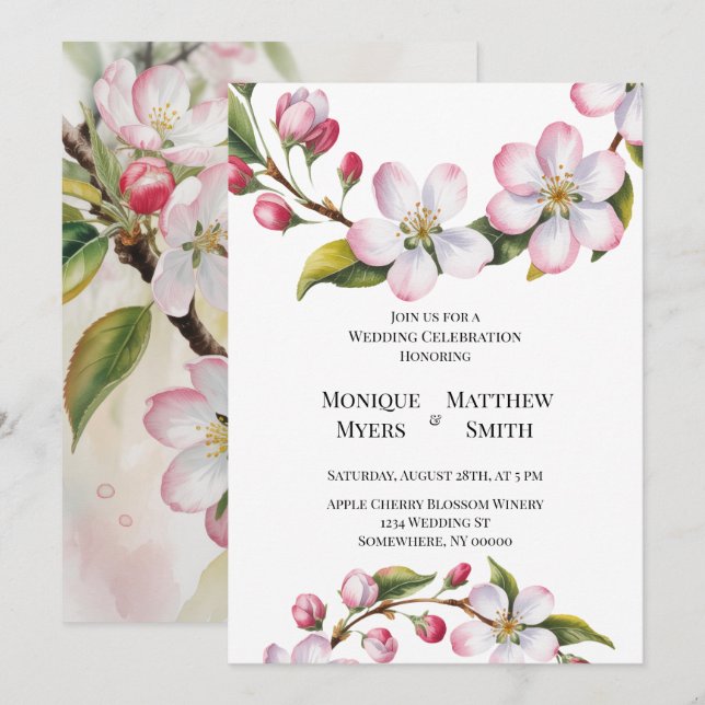 Invitación Watercolor Apple Cherry Blossom Wedding (Anverso / Reverso)