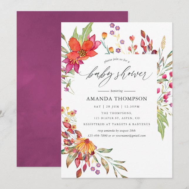 Invitación Watercolor Aquarelle Wild Flower Baby Shower (Anverso / Reverso)