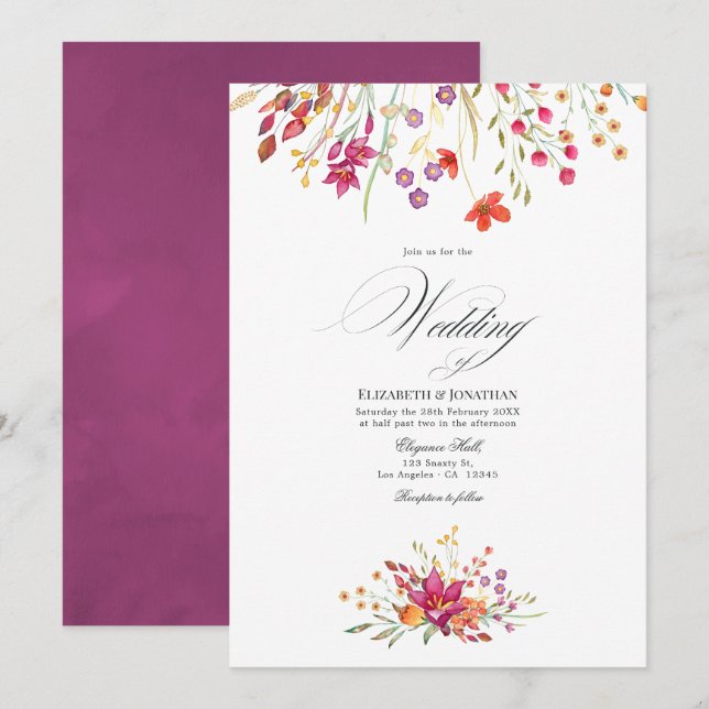 Invitación Watercolor Aquarelle Wild Flower Wedding (Anverso / Reverso)