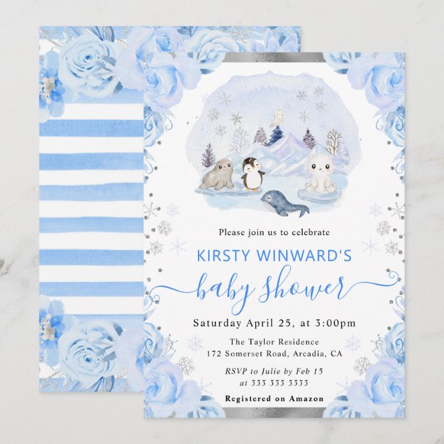 Invitación Watercolor Arctic Animals Baby Shower Floral (Anverso / Reverso)