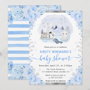Invitación Watercolor Arctic Animals Baby Shower Floral