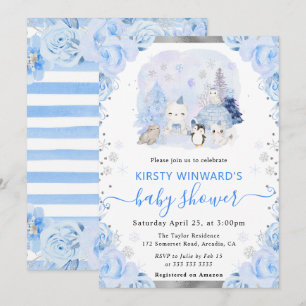 Invitación Watercolor Arctic Animals Baby Shower Floral