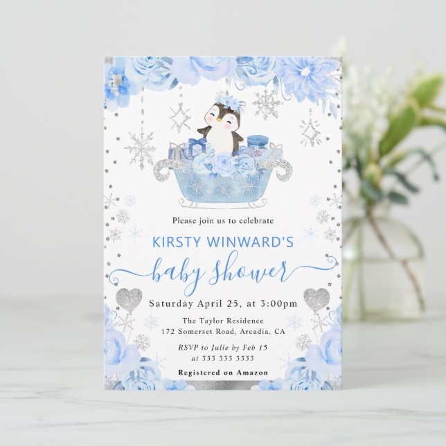 Invitación Watercolor Ártico Pingüino Floral Baby Shower (Anverso de pie)