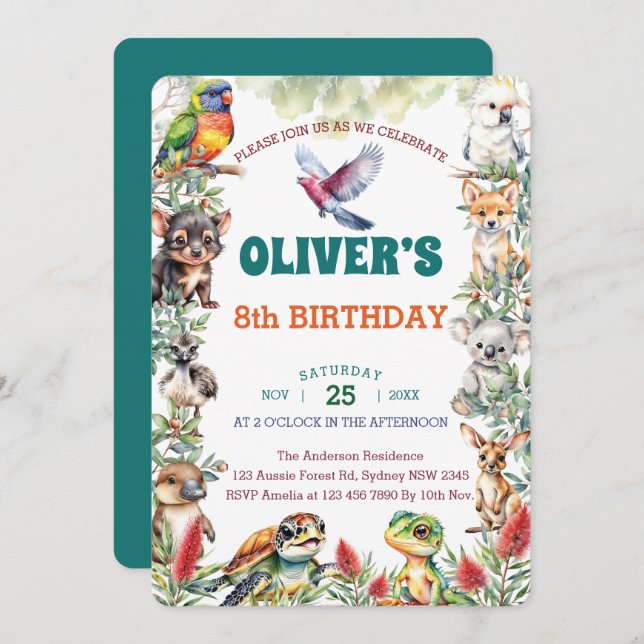 Invitación Watercolor Australia Baby Animals Fiesta de cumple (Anverso / Reverso)