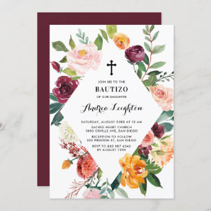 Invitación Watercolor Autumn Blooms Diamond Frame Bautizo