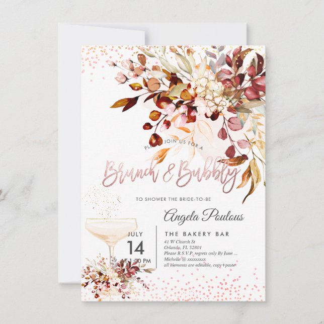 Invitación Watercolor Autumn Eucalyptus Brunch Bubbly (Anverso)