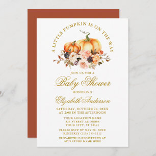 Invitación Watercolor Autumn Floral Pumpkins Baby Shower Gold